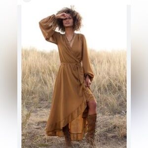 Joyfolie long sleeve maxi dress. Large, camel color